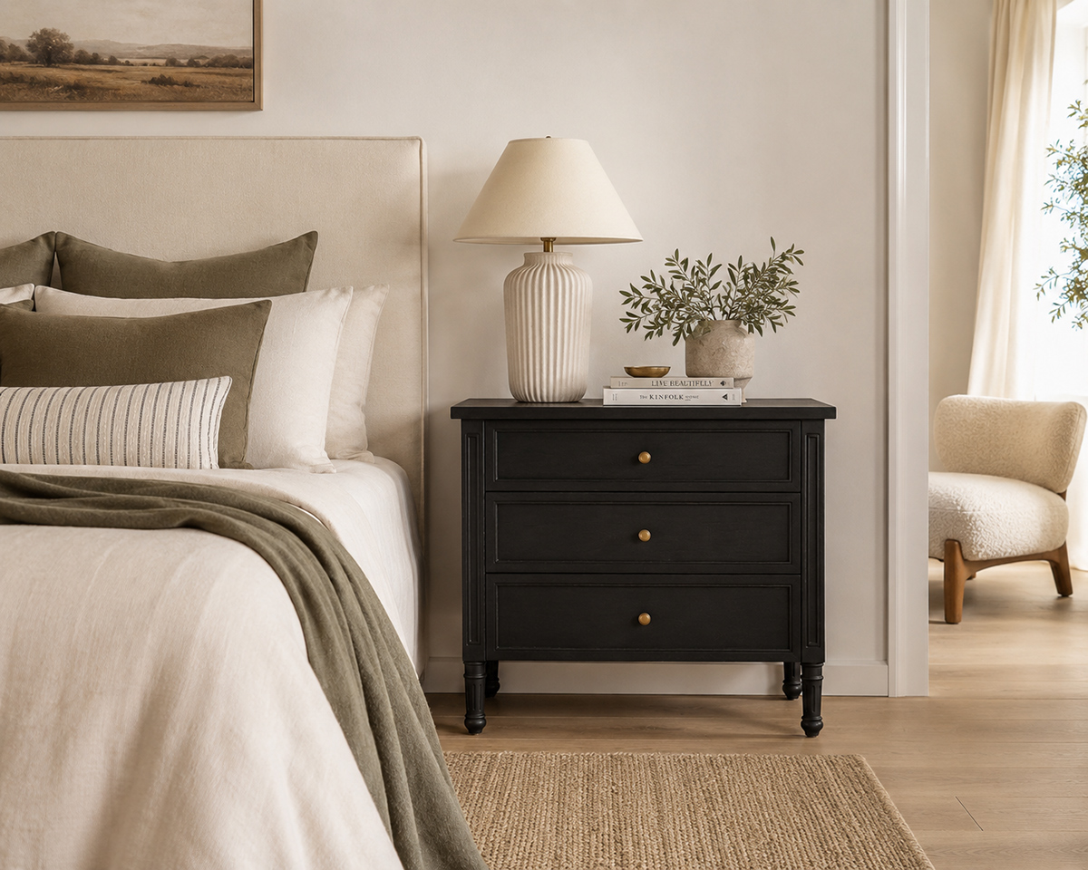 Hamilton Bedside Table/ Nightstand - 3 Drawer - Black - 91cm - Image 2