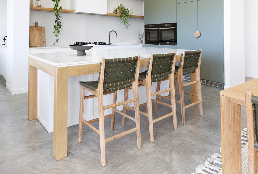 Leather counter stools with natural timber furniture